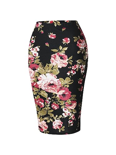 SSOULM Women's Work Office Stretchy Fitted Midi Pencil Skirt with FLORALBLACK Slit and Plus SizeFLORALBLACK 1X
