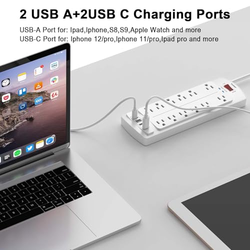 Image of 6 Ft Extension Cord Power Strip, Teiobar Surge Protector with 12 AC Outlets and 4 USB Ports for Home, Office, Dorm Essentials, 2700 Joules, ETL Listed, White