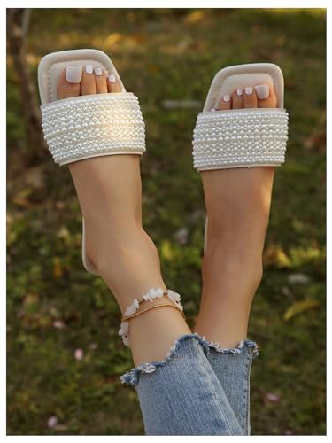 GORGLITTER Women's Pearls Sandals Rhinestone Flat Sandals Dressy Open Toe Slide Sandals3