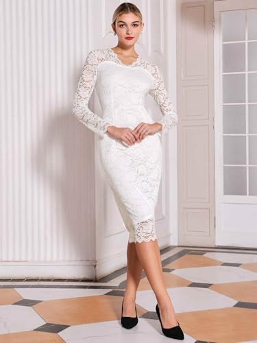 Image of Hobemty Women's Floral Lace Dress V Neck Long Sleeve Cocktail Wedding Bodycon Pencil Dresses