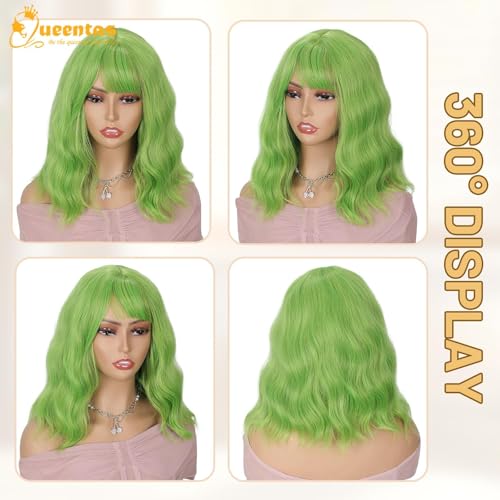 Image of QUEENTAS 14 Inch Short Wavy Green Bob Wig for Women with Bangs Glueless Synthetic Hair Natural Looking for St Patrick's Day Halloween Cosplay