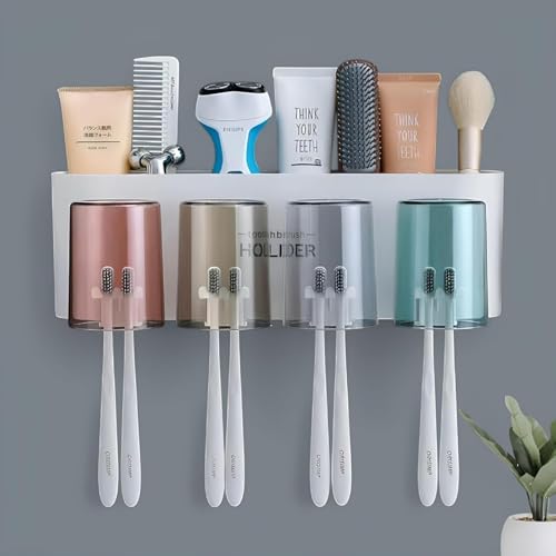 Image of Zephorus Wall Mounted Toothbrush Holder for Bathroom - Stickable Brush Stand with Cover Tooth Brush & Paste Holder for Bathroom (4 Cups Toothbrush Holder)
