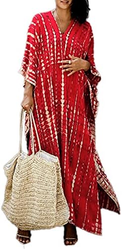 Bsubseach Women Print Beach Kaftan Dress Short Sleeve Plus Size Bathing Suit Cover Ups