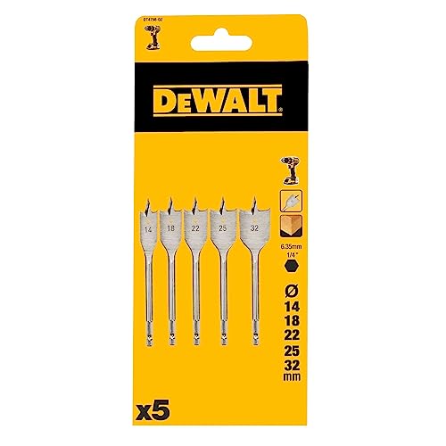 DEWALT Holz-Fräsbohrer Set DT4798 (5er Set bestehend aus 14/18/22/25/32 mm, mit Stahl-Schaft für lange Haltbarkeit & Lebensdauer, für Hart- & Weichholz, Bauholz & Holz mit Nägeln)