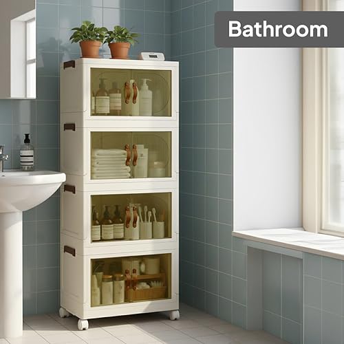 Image of CELLO Foldable Plastic Cabinet | 4 Tier Cabinet | Multipurpose Storage Organizer for Clothes, Toys & Household Items | Racks for Home & Kitchen | Space-Saving Design | Beige & Brown