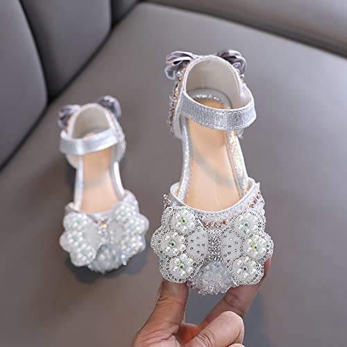 Girls Dress Shoes Cute Bow Mary Jane Shoes Ballerina with Satin Ankle Tie for Wedding Birthday Party Baby Swim Shoes (Silver, 2.5 Big Kids)2