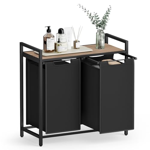 VASAGLE Laundry Basket, 2-Compartment Laundry Hamper, Pull-Out and Removable Laundry Bags, Laundry Sorter, Shelf, Metal Frame, 2 x 46L, 73 x 33 x 72 cm, Camel Brown and Black BLH201B50
