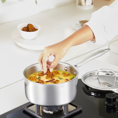 Image of Borosil Cookfresh Triply Stainless Steel Straight Shape Sauce Pan with Lid | SS304 Food Grade Steel, Dishwasher Safe | Compatible for Gas, Induction, Hot Plate, Halogen | 5 Years Warranty (18 cm)