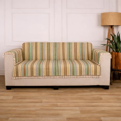 Image of Gifts Island 3 Seater Cotton Sofa Cover Mat | Anti Slip Sofa Cover Throw | All Over Furniture Protector with Elastic Straps | Washable Couch Cover for Living Room (Brown, 3 Seater)