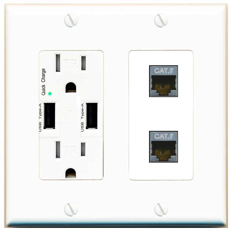 RiteAV 2 Port Cat7 Shielded Ethernet Wall Plate - USB Outlet [Screwless White]