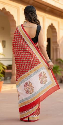 Image of Mulmul Cotton Saree for Women with Blouse Piece | Ajark Sarees | Hand Block Prints Sari | Bagru Print | Soft Mul Cotton Sadi