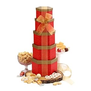 Broadway Basketeers Chocolate and Sweets Christmas Ruby Red Gift Basket Holiday Tower, Anniversary, Birthday, Thinking of You for Women, Mom, Step-Mother, Wife, Girlfriend, Her or Him