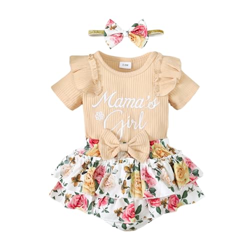 Image of Tsnbre Newborn Infant Baby Girl Clothes Mamas Girl 3PC Summer Outfit Set Ruffle Short Sleeve Romper Floral Shorts Headband (Beige, 6-12 Months)