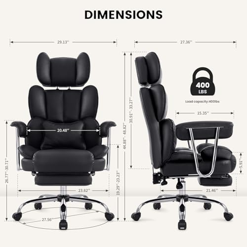 Big and Tall Office Chair with Foot Rest, PU Leather Desk Chair 400LBS,High Back Reclining Office Chair,Executive Managerial Chair with Armrests Lumbar Lifting Headrest (Black)