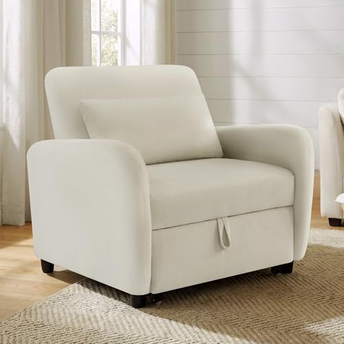 CHITA Sleeper Chair, 3-in-1 Pull Out Convertible Single Sofa Bed with Adjustable Backrest, Chenille Chaise Lounge Chair for Living Room, Bedroom & Apartment, Cream