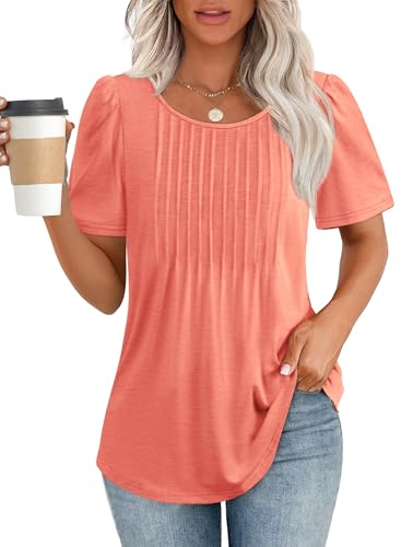 ATHMILE Womens T Shirts Short Sleeve Summer Tops Pleated Dressy Casual Blouses Spring Clothes Beach Vacation 2025