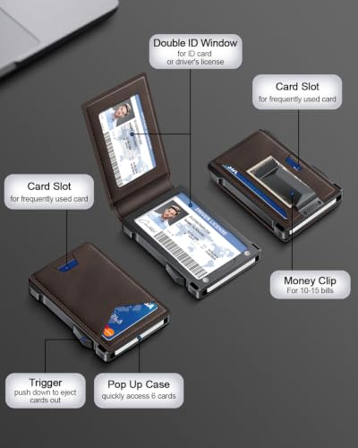 Image of Wallet for Men RFID Wallet with 2 ID Windows & Money Clip, Slim Card Holder | 10-12 Cards Bifold Minimalist Smart Pop Up Wallet for Front Pocket Compact Metal Credit Card Holder Birthday Gifts for Men