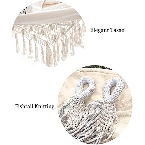 Double Sized Boho Macrame Cream Hammock with Elegant Tassels and Fishtail Knitting 485Lbs Includes Tie Ropes and White Drawstring Bag for Women - Image 6