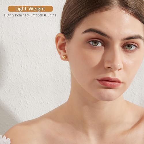 18K Gold Plated Sterling Silver Ball Stud Earrings for Women Men, Round High Polished Balls Studs Hypoallergenic, Butterfly Back (4mm/ 5mm/ 6mm/ 7mm/ 8mm)4