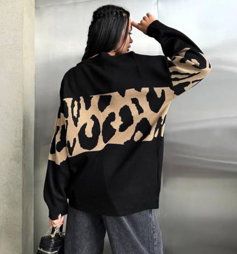 chouyatou Women 2025 Fall Leopard Print Pullover Sweater Crewneck Oversized Color Block Sweater Jumper Top2