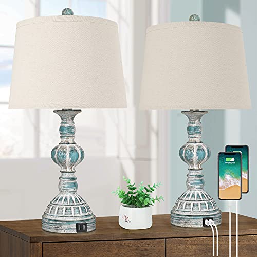 Farmhouse 3-Way Dimmable Touch Table Lamps with 2 USB Ports, Set of 2 Coastal Bedroom Bedside Reading Lamps, Modern Rustic Nightstand Desk Lamps for Living Room in Washed Blue, LED Bulbs Included