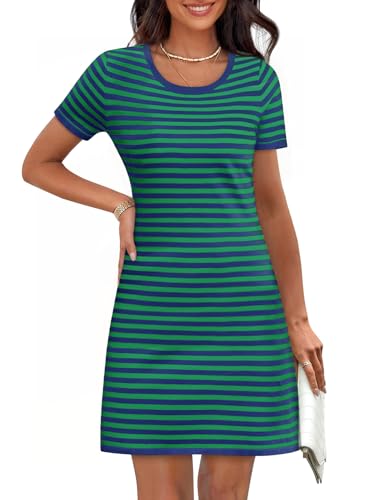 Image of Women's 2025 Spring Summer Striped Sweater Dress Casual Crewneck Short Sleeve Ribbed Knit Bodycon Mini Dresses
