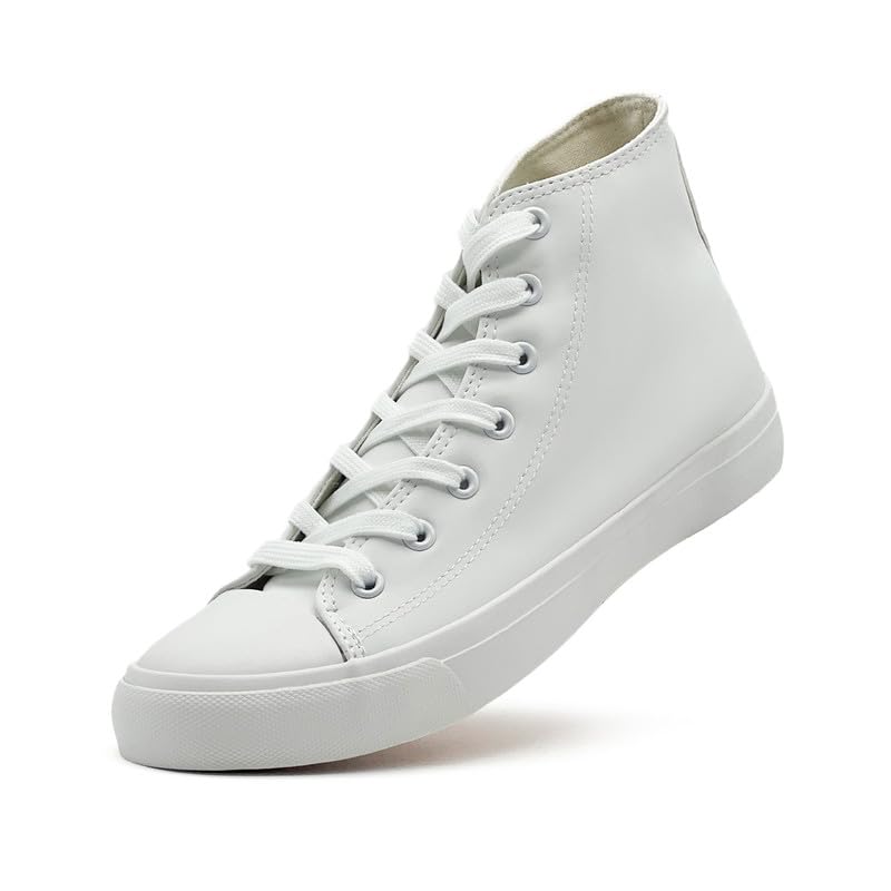 Women’s Men’s High Top Sneakers PU Leather Shoes for Women Men Classic White Black High Top Lace Up Sneakers Casual Walking Shoes