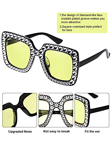 Frienda 12 Pairs Rhinestone Glasses Women Square Frame Oversized Crystal Sunglasses Diamond Sparkly Glitter Retro Disco Bling Sunglasses Bulk, Chic Colors3