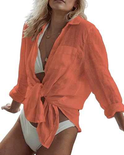 Image of Bsubseach Women Long Sleeve Beach Shirt Blouses Bathing Suit Cover Up Button Down Collar