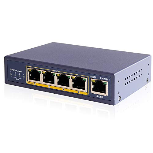 Huacomm 5 Port Gigabit PoE+ Switch, 4 Port PoE 65W, 802.3at/af Compliant, Desktop, Sturdy Metal, Fanless, Plug-and-Play, Smart Power Management (GHC5004P)