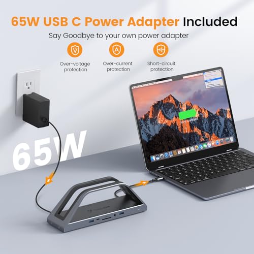 Image of TobenONE 14-in-1 MacBook Pro /Air Docking Station Dual 4K Monitor, Laptop Docking Station Stand for MacBook M1-M5 /Neo, Driver-Based, USB C Dock with 65W Power Adapter, 2 HDMI,VGA, 5Gbps USB, RJ45