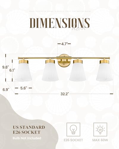 Image of Bathroom Light Fixtures Brushed Gold, HWH 4 Light Vanity Lights Over Mirror, Modern Wall Lamp Bathroom Lighting with Frosted White Striped Glass, 5HZG97B-4W BG