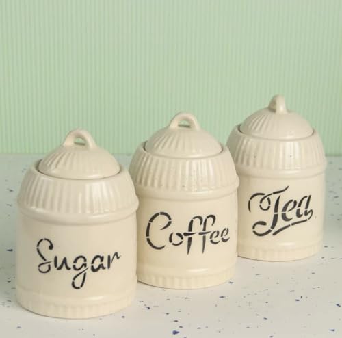 Image of Ceramic Tea Coffee Sugar Container Set of 3 for Kitchen Storage (500 ML Each)| Ceramic Kitchen Canisters with Lid |Storage Jars for Tea Coffee Sugar | Airtight Pickle /Barni Jar with Lid, White & Beige