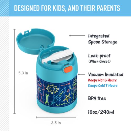 Image of THERMOS FUNTAINER Kids Food Jar with Spoon, 10oz, Robot Doodles | Kid-Friendly Stainless Steel Insulated Food Container, Keeps Food Hot or Cold Longer for School & Play, BPA Free