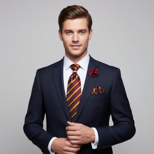 Image of 5PCS Mens Silk Designer Tie, Pocket Square, Cufflinks, Drilled Tie Ring and Lapel Pin Set for Wedding Groom Party