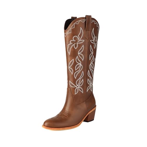 Knee High Cowboy Boots for Women Slim Calf, Square Toe Western Boots with Chunky Heel, Soft Jersey Lining & Pull-On Tabs – Comfortable for Riding, Rodeo, Party, Daily Wear