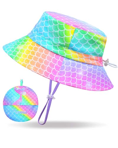 Girls Sun Hat for Kids UV Protection Unicorn Summer Hat Beach Play Hats Wide Brim Neck Flap for Girls Ponytail Hat 2-7 Years