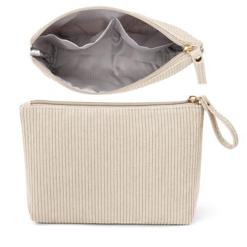 MAGEFY Kosmetiktasche Kleine Cord Make Up Tasche für Handtasche Reise Schminktasche Damen mit Fächern&Griff-Reißverschluss Tragbar Make-up Bag für Frauen(Beige)