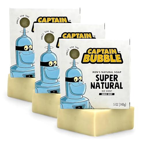CAPTAIN BUBBLE Pastilla de Jabón Natural para Hombres Super Natural 140g (pack de 3) - Jabón Artesanal Sin Químicos | 24h Hidratación | 0% Parabenos | Mejora Piel Seca, Acné, Eczema