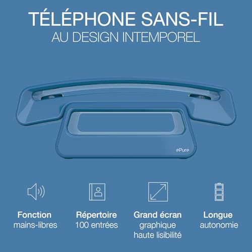 ALCATEL Epure Iconic - Téléphone Fixe sans Fil DECT - Design Vintage - Grand Écran Graphique Haute Lisibilité - Mains Libres - Fonction Blocage des Appels - Bleu