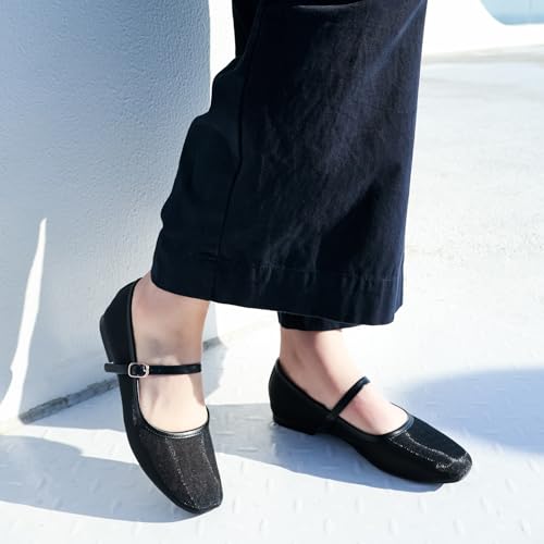 Mesh Ballet Flats Square Toe Mary Jane Flats Buckle Women Comfy Causal Dress Shoes2
