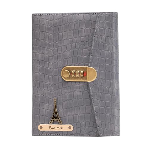 Image of AICA Personalized Name & Charm Leather Lock (Grey) Diary � A5 Size 230 Pages with Combination Lock for Men & Women | Customized Planner Diary College Birthday Gift for Teens Teenager Best Friends