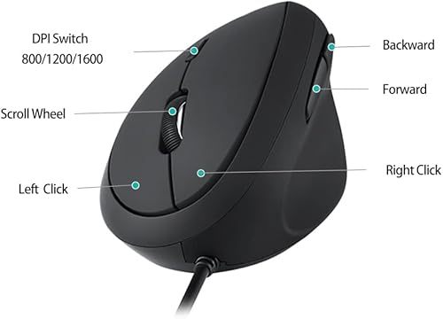 Miniatura 2 de shoplease Ratón ergonómico con cable, ratón vertical óptico con 3 DPI ajustables 80012001600, 6 botones USB para computadora