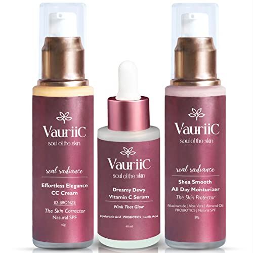 Image of Effortless Elegance CC Cream 50gms | All Day Face Moisturizer 50gms | & | Vitamin C Face Serum 40 ml | for Daily Use | Skin Moisturizer | Deep Nourishment & Hydration | Lightweight & Calming | Light Face Makeup with Natural Coverage | Conceal Dark Spots | Skin colour Corrector | Waterproof Foundation | Tinted Moisturizer to Brighten Skin | with Natural SPF | 100 % Natural & Vegan | for all skin types | Combo