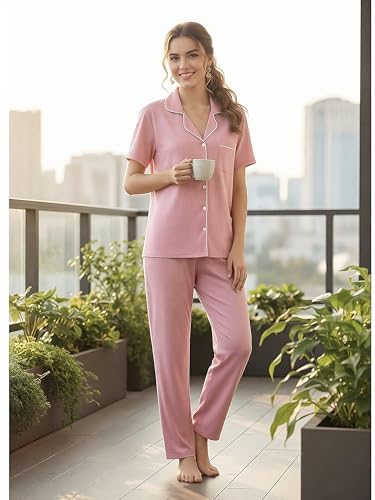 Image of Senert Womens 2 Piece Pajamas Set Button Down Top and Pants Soft Sleepwear | Short Sleeve Lounge Sets with Pockets, Maternity / Nursing /Postpartum Pjs Set, Bride Pjs Set for All Seasons