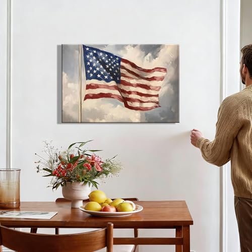 Image of Vintage American Flag Framed Canvas Wall Art 24x36in, Patriotic Oil Painting Canvas Print, 4th of July Independence Day Wall Decor for Living Room, Bedroom, Office, Made in USA
