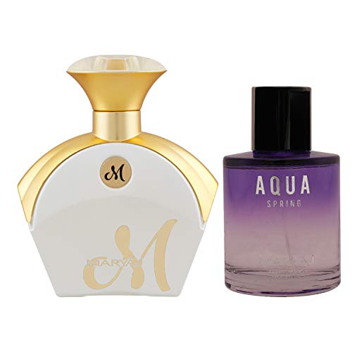 Image of MARYAJ M White for Her Eau De Parfum Floral Fruity Perfume 90ml for Women and MARYAJ Aqua Spring Eau De Parfum Fruity Floral Perfume 100ml for Women + 2 Parfum Testers FREE