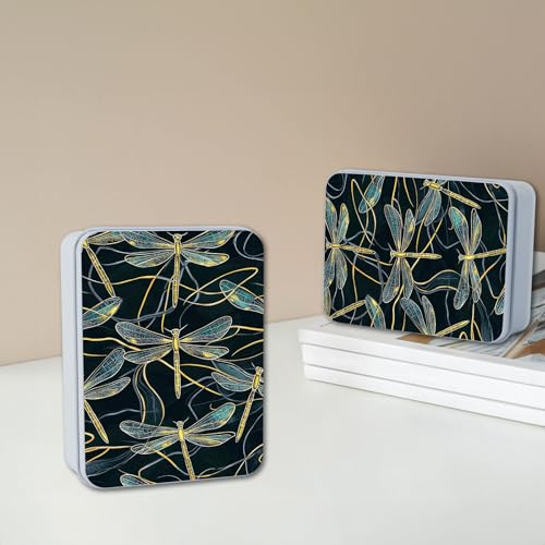 Image of Metal Tin Box with Lid,Multi-functional Storage Box Can Store Tea Biscuits Game Cards, Playing & Tarot Cards-Comes with 4 Magnetic Cord Clips,Golden Dragonflies Pattern