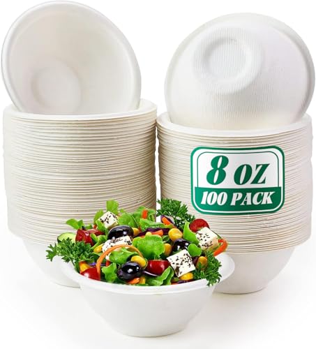 Oomcu 100 Pack 8oz Heavy Duty Paper Bowls - Compostable Disposable Soup Bowls for Hot Food, Ice Cream, Salad, Snacks, Dessert, Picnics (White)