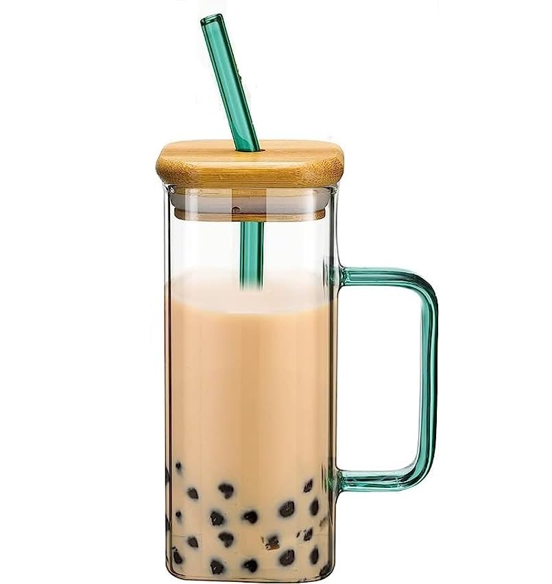 Image of KHOLAD Glass Tumbler with Wooden Lid & Straw 400ml, Glass Cup with Colored Handle Pack of 1, Iced Tea & Coffee Mugs for Straw and Direct Drinking Mouth Dual Use, Travel Sipper (Wooden LID)